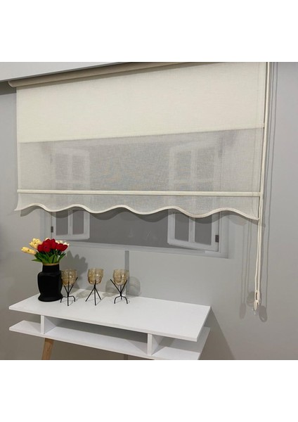 VP1661 Çift Mekanizmalı Tül ve Stor Perde Krem Naturel Keten Etek Dilimli 80 x 200