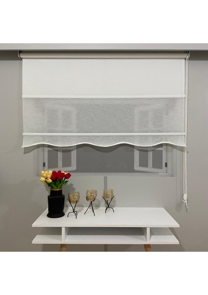 VP1660 Çift Mekanizmalı Tül ve Stor Perde Beyaz Naturel Keten Etek Dilimli 200 x 260