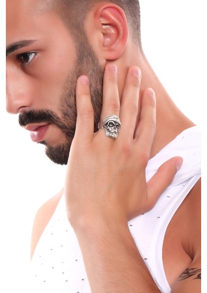 Erkek Antik Gümüş Kaplama Ayarlanabilir Gotik Kurukafa Yüzük modelleri