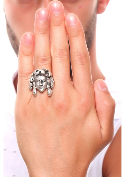 Erkek Antik Gümüş Kaplama Ayarlanabilir Gotik Medusa Yüzük