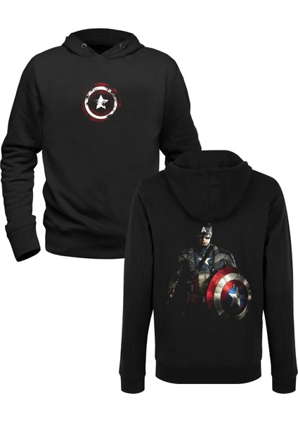 Captain America Baskılı Siyah Ön Arka Baskılı Sweatshirt