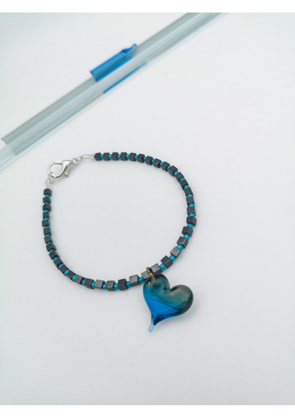 Murano Mavi Kalpli Hematit Bileklik