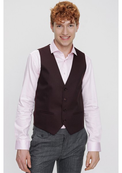 Erkek Jakarlı Slimfit Yelek Bordo