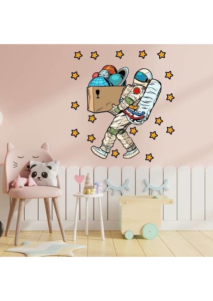 Gezegenleri Taşıyan Astronot ve Yıldızlar Çocuk Odası Duvar Sticker