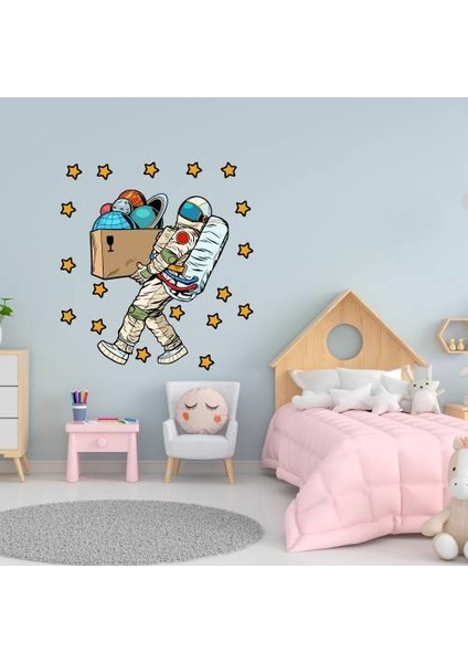 Gezegenleri Taşıyan Astronot ve Yıldızlar Çocuk Odası Duvar Sticker modelleri