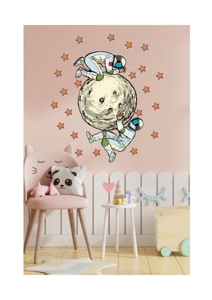 Gezegene Tutunan Astronotlar ve Yıldızlar Çocuk Odası Duvar Sticker