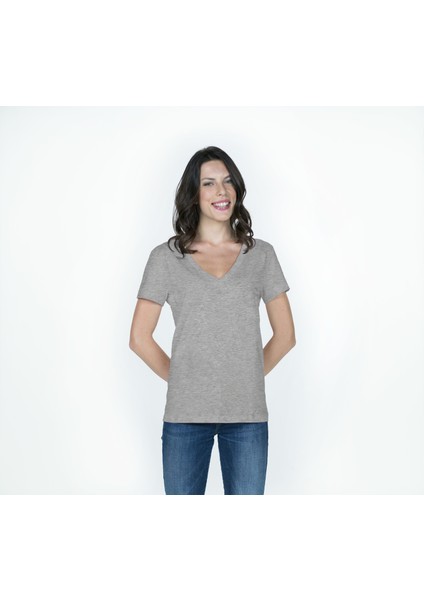 Kadın Derin V Yaka Penye T-Shirt- Gri