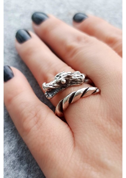 Antik Gümüş Kaplama Burgulu Ejderha Şekilli El Yapımı Ayarlanabilir Yüzük