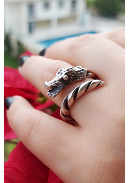 Antik Gümüş Kaplama Burgulu Ejderha Şekilli El Yapımı Ayarlanabilir Yüzük fiyatları