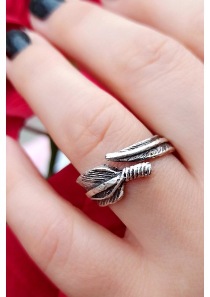 Antik Gümüş Kaplama Bağlı Tüy Şekilli El Yapımı Ayarlanabilir Yüzük