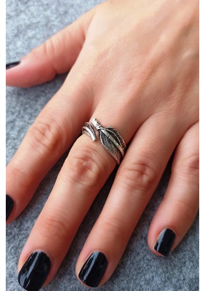 Antik Gümüş Kaplama Bağlı Tüy Şekilli El Yapımı Ayarlanabilir Yüzük modelleri