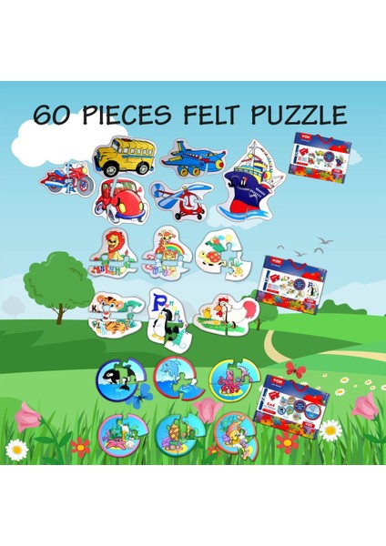 18 Set - 60 Parça Tox Hayvanlar, Deniz Canlıları ve Ulaşım Araçları 2+ Keçe Yapboz - 2 Yaş Puzzle T01 T02 T03