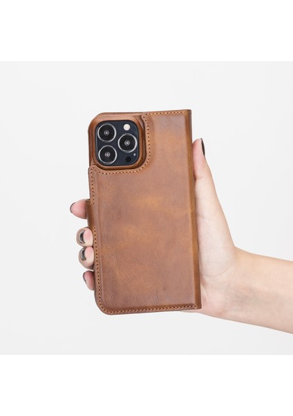 Apple iPhone 13 Pro Max Florence Antik Kahverengi Deri Cüzdan Telefon Kılıfı