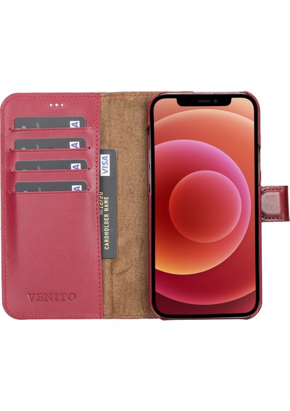 Apple iPhone 13 Pro Max Florence Efekli Vişne Deri Cüzdan Telefon Kılıfı