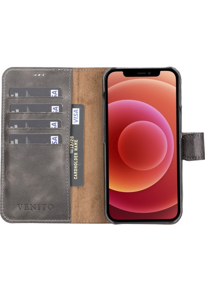 Apple iPhone 13 Pro Florence Gri Deri Cüzdan Telefon Kılıfı