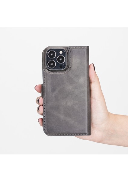 Apple iPhone 13 Pro Florence Gri Deri Cüzdan Telefon Kılıfı