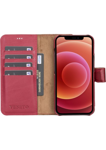 Apple iPhone 13 Pro Florence Efekli Vişne Deri Cüzdan Telefon Kılıfı