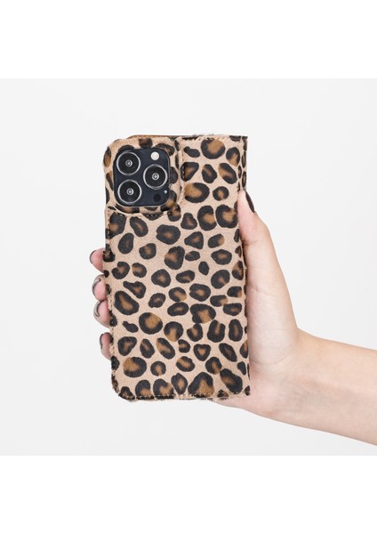 Apple iPhone 13 Pro Florence Leopar Deri Cüzdan Telefon Kılıfı