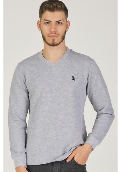 V4002 V Yaka Erkek Sweatshirt-Gri