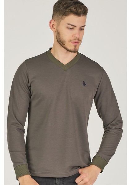 V4002 V Yaka Erkek Sweatshirt-Haki