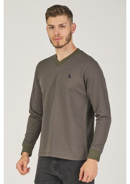 V4002 V Yaka Erkek Sweatshirt-Haki