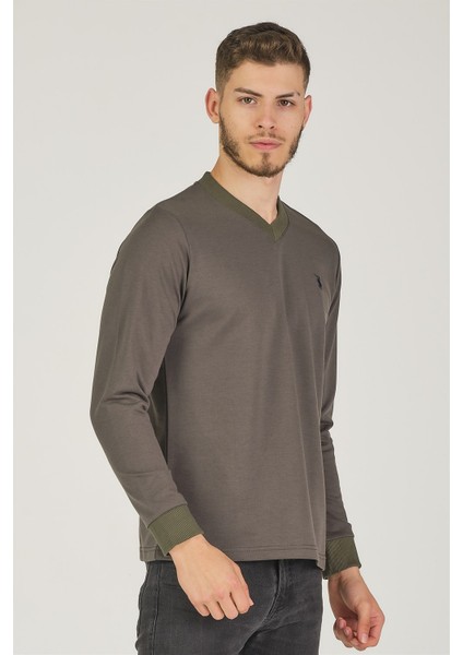 V4002 V Yaka Erkek Sweatshirt-Haki