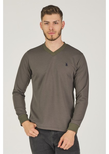 V4002 V Yaka Erkek Sweatshirt-Haki