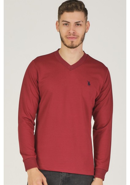 V4002 V Yaka Erkek Sweatshirt-Bordo