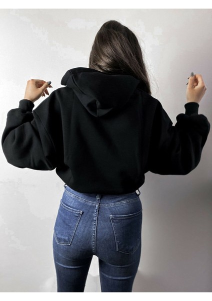 Kadın Siyah Şardonlu Oversize Basic Kapüşonlu Cep Detaylı Sweatshirt