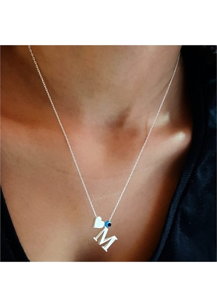 Nazar Boncuklu Harf Kalp Gümüş Kolye