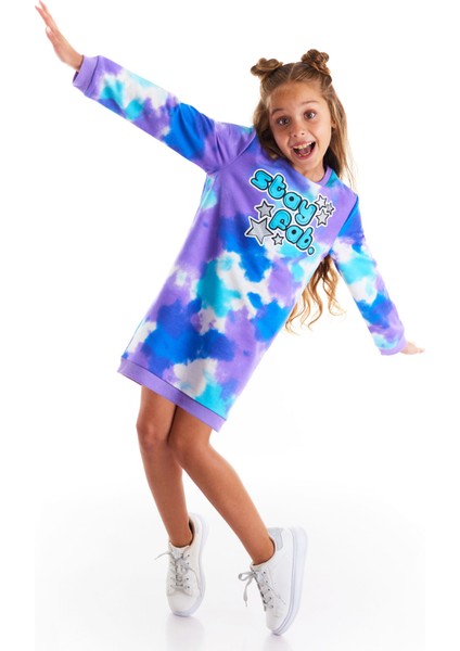 Kız Çocuk Elbisesi Bisiklet Yaka Batik Desenli Günlük Stil 2021 Sonbahar-Kış