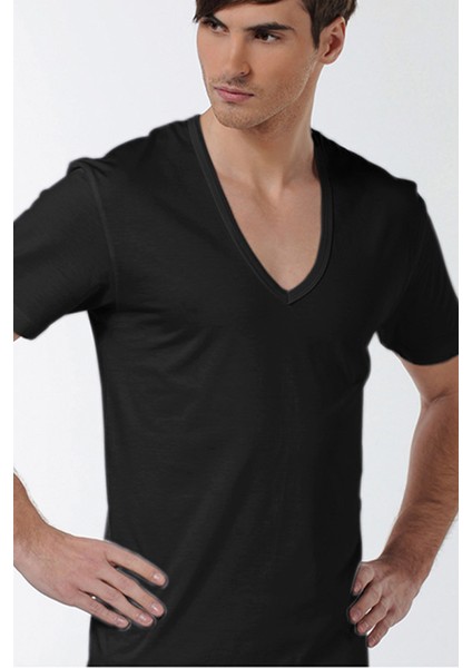 Erkek Derin V Yaka Siyah T-Shirt 0936