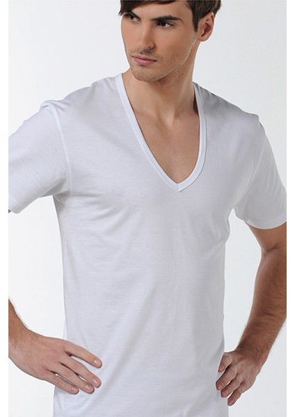 Erkek Derin V Yaka Beyaz T-Shirt 0936