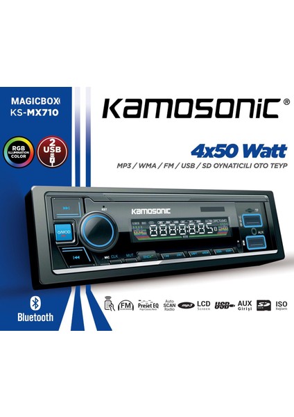 KS-MX710 Mp3 Wma Fm USB Sd Oynatıcılı Rgb Bluetooth 4X50 Oto Teyp