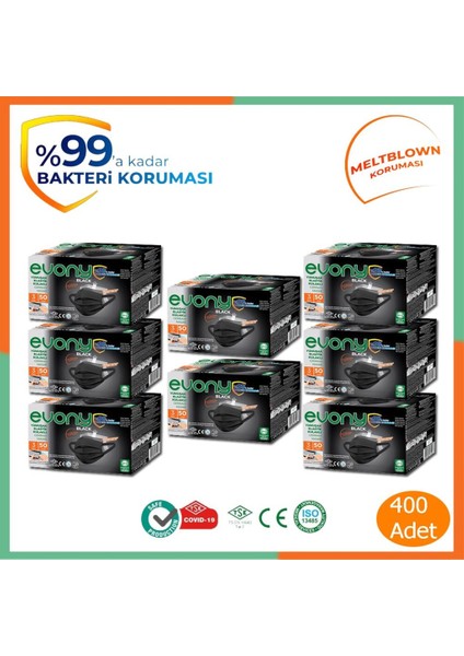 Black Elastik Kulaklı Siyah Maske 50'li x 8 Kutu 400 Adet