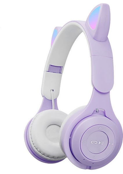 M6 Kedi Kulakları Renkli Aydınlık Iki Renkli Bluetooth Kulaklık Mor (Yurt Dışından)