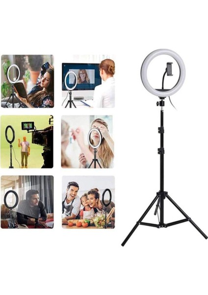 12 inç LED Işıklı Telefon Tutuculu 210 cm Tripod Youtuber Kuaför Makyaj Tiktok Işığı