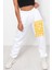 Unisex Mevsimlik Kumaş Elastik Bel Baskılı Joggers Pantolon Eşofman Altı Beyaz 1