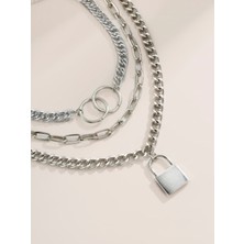 X-lady Accessories Gümüş Rengi Kilit ve Halka 3 Katmanlı Kolye