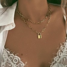 X-lady Accessories Altın Rengi 2 Katlı Sevimli Dikdörtgen Zincir Kilit Kolye