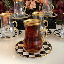 Panayır El Dekoru Dama İşlemeli 6 Kişilik 12 Parça Kulplu Çay Cam Bardağı Seti