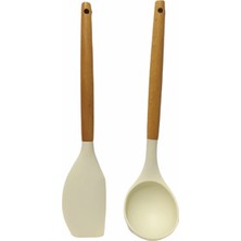 Naturalife Labs Yanmaz Yapışmaz Ahşap Saplı Lüks Silikon Kepçe , Spatula 2 'li Takım 30 cm