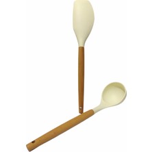 Naturalife Labs Yanmaz Yapışmaz Ahşap Saplı Lüks Silikon Kepçe , Spatula 2 'li Takım 30 cm