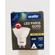 Ecolite  PAR16 GU10 2700K Sarı Işık 8W  650 Lumen Dim Edilebilir LED  Ampül  5 Adet