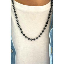 Kar Tanesi (SNOWFLAKE) Obsidyen Doğaltaş Düğümlü 70-80 Cm Uzun Erkek Kolyesi