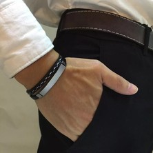 GoGoey Erkek Deri Bileklik Paslanmaz Çelik Gümüş Toka Bilezik Takı DB5858