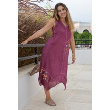 Bohemian Nakışlı Naturel Mürdüm Elbise
