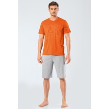 Cacharel 2199 Kiremit Erkek Baskılı V Yaka Bermuda Şort Pijama Takım