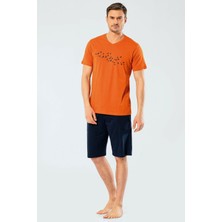 Türen 4136 Turuncu Erkek Baskılı V Yaka Bermuda Şort Pijama Takım
