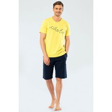Türen 4136 Sarı Erkek Baskılı V Yaka Bermuda Şort Pijama Takım